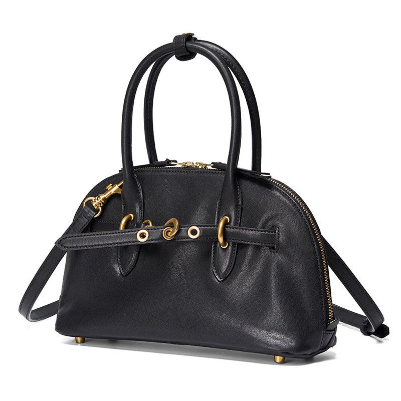 Black vegetable tanned leather doctor bag with dual top handles and detachable shoulder strap