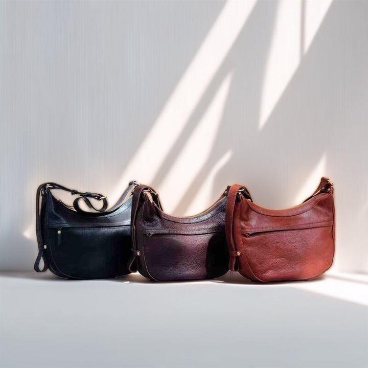 Crescent slouchy vegetable tanned leather hobo bag in black, coffee, honey brown