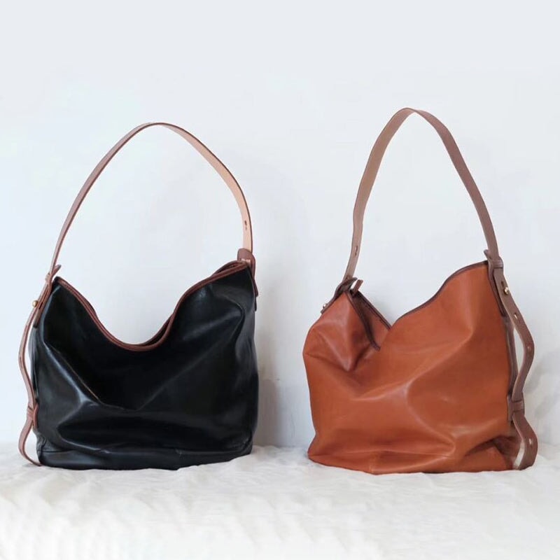 Slouchy vegetable tanned leather hobo bucket bag with adjustable detachable shoulder strap