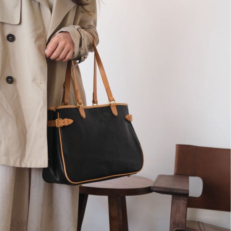 Handcrafted two tone vegetable tanned leather tote bag in Black — large shoulder bag for women