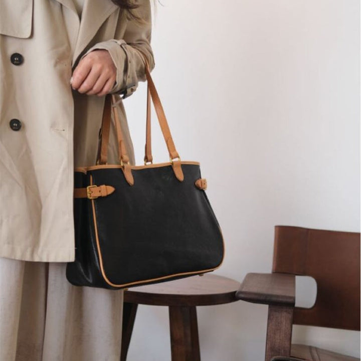 Handcrafted two tone vegetable tanned leather tote bag in Black — large shoulder bag for women