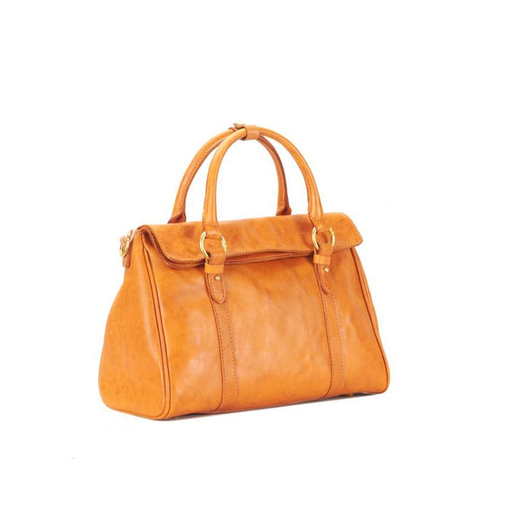 Vintage vegetable tanned leather doctor bag in sunset yellow with gold buckle handles