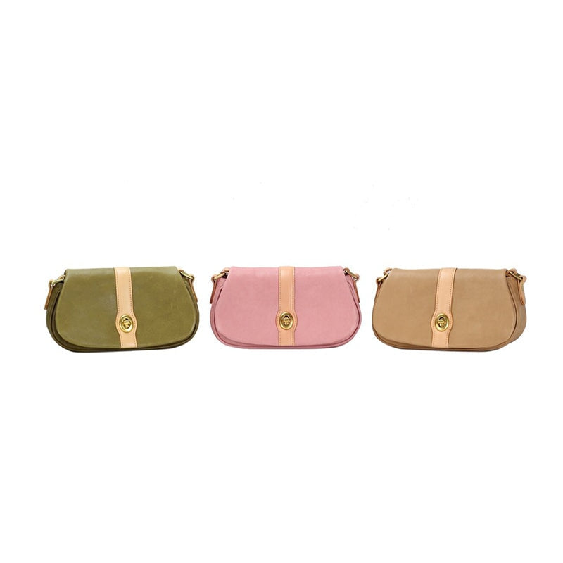 Vintage leather saddle bags in apricot, avocado and pink with gold turn-lock clasp