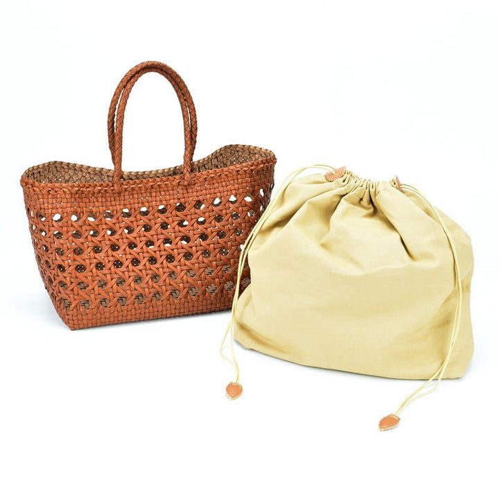 Woven leather basket tote bag in brown, hollow out handmade design for women
