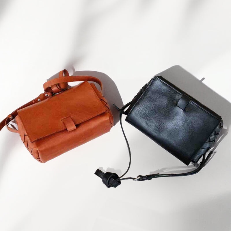 Handwoven vegetable tanned leather crossbody bag with small square braided silhouette