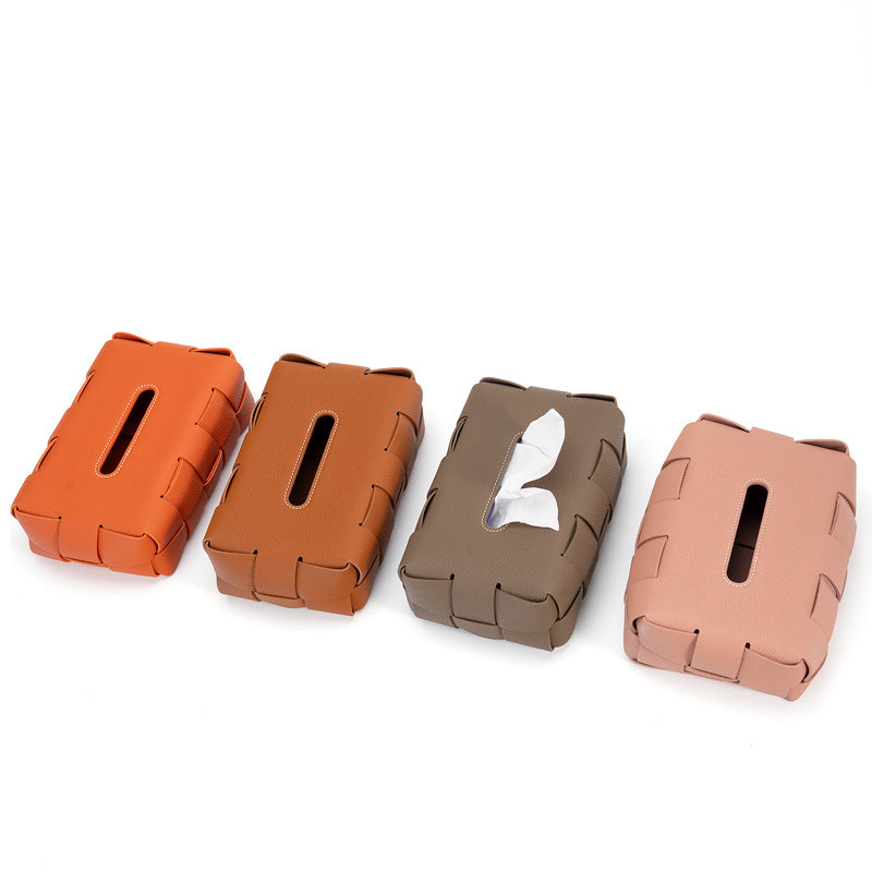 Handcrafted woven leather tissue box cover in orange, brown, gray and pink with wide-strip cowhide weave