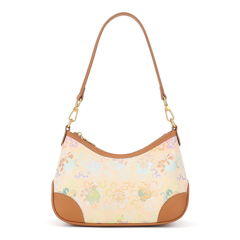 Yellow leather underarm half moon bag with Song Brocade Sanduo motif