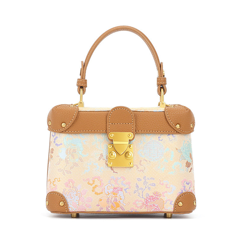 Yellow leather handbag with Song Brocade Sanduo longevity and prosperity motif