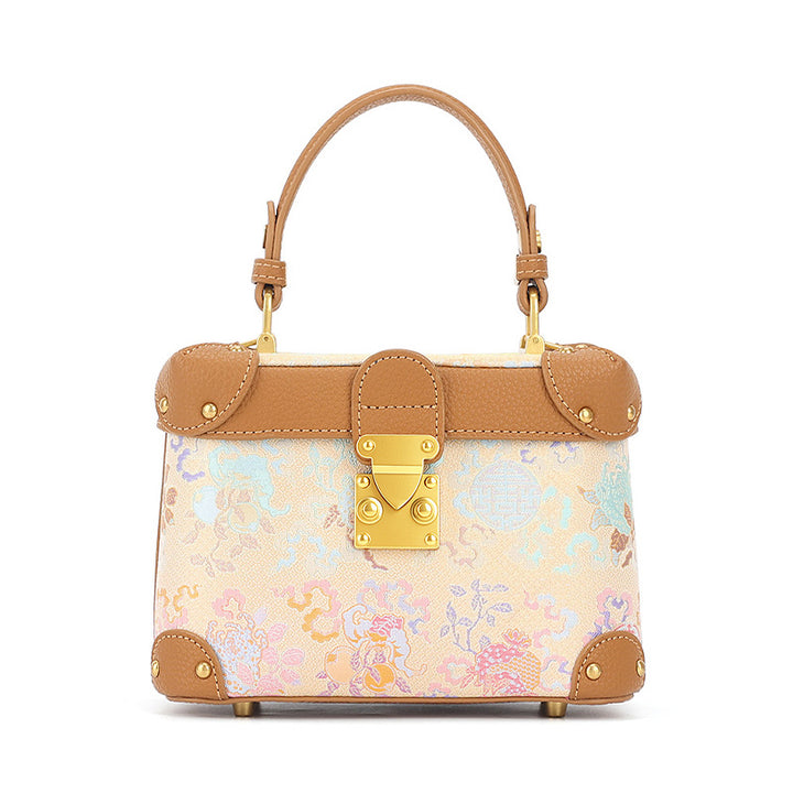 Yellow leather handbag with Song Brocade Sanduo longevity and prosperity motif